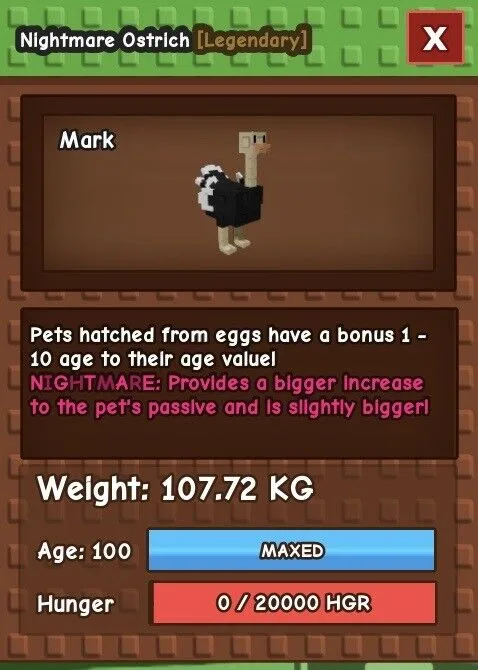 TITANIC visual Nightmare Ostrich 107.72kg age 100 - instant delivery! — Account account