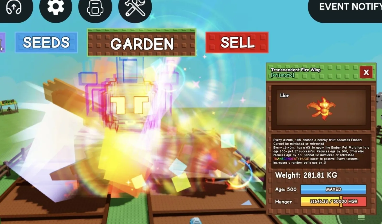 Huge TRANSCENDENT Fire Wisp - 281.81 KG (Age 500)