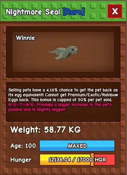 Pet - Rare - Nightmare Seal Huge 4.16 Chance No Toy 58.77KG / AGE 100