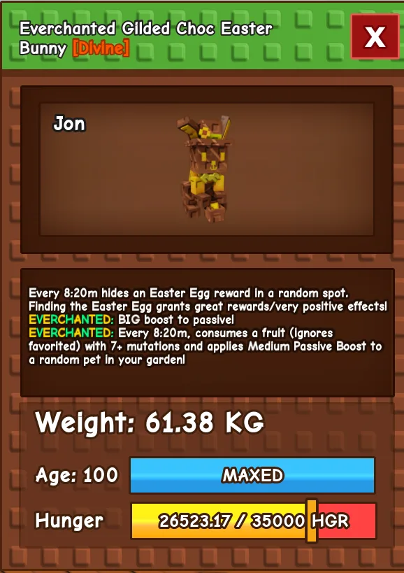 HUGE Everchanted Gilded Choc Easter Bunny 61.38KG Age 100 l 0.5 Pet l Cheapest l Grow A Garden l Check Description — Account account