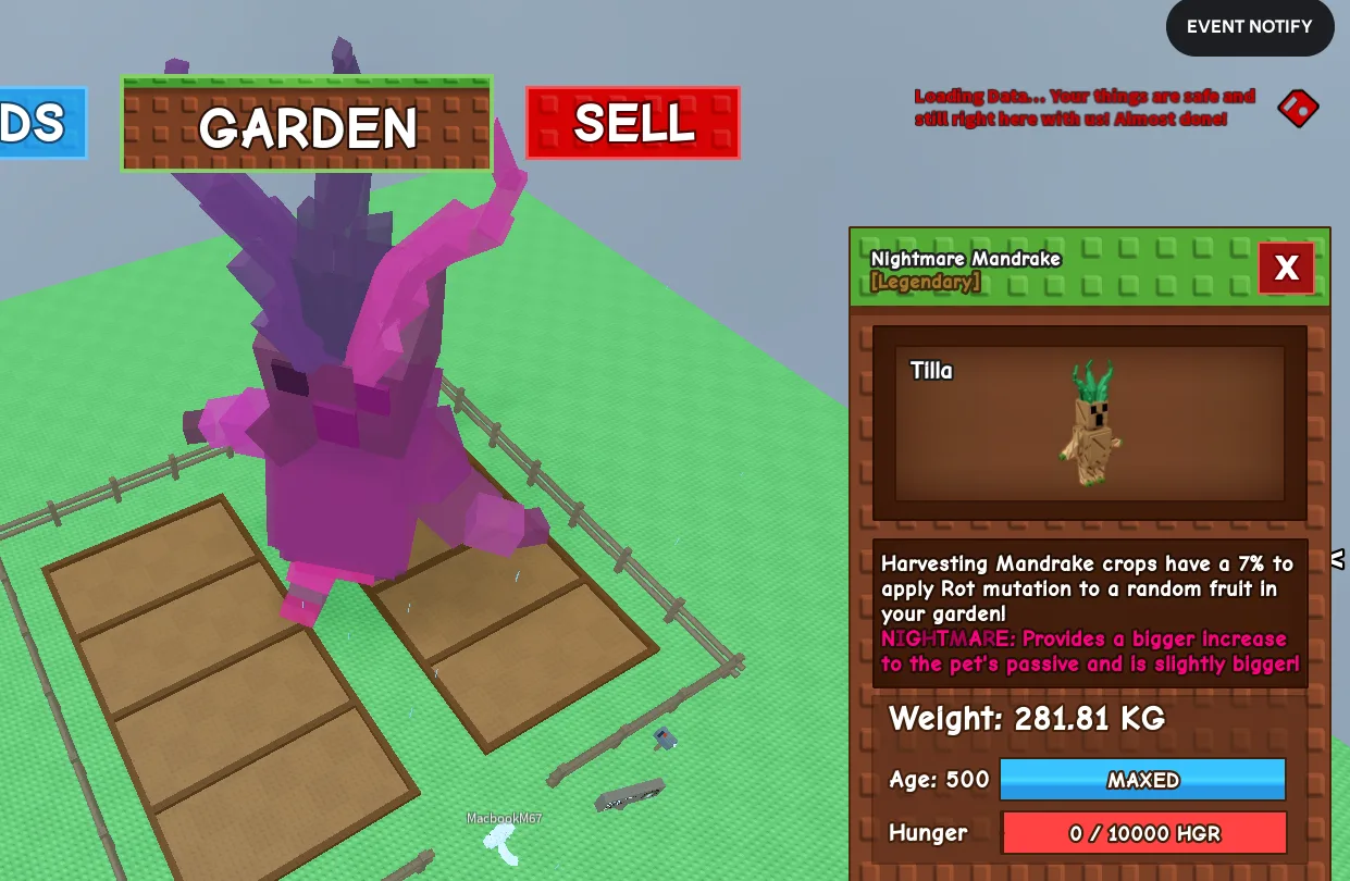 280KG+ Nightmare Mandrake Legendary // super handsome // Age 500 MAXED // Rot Mutation Farm Boost//not headless// i run out of tag others limitation