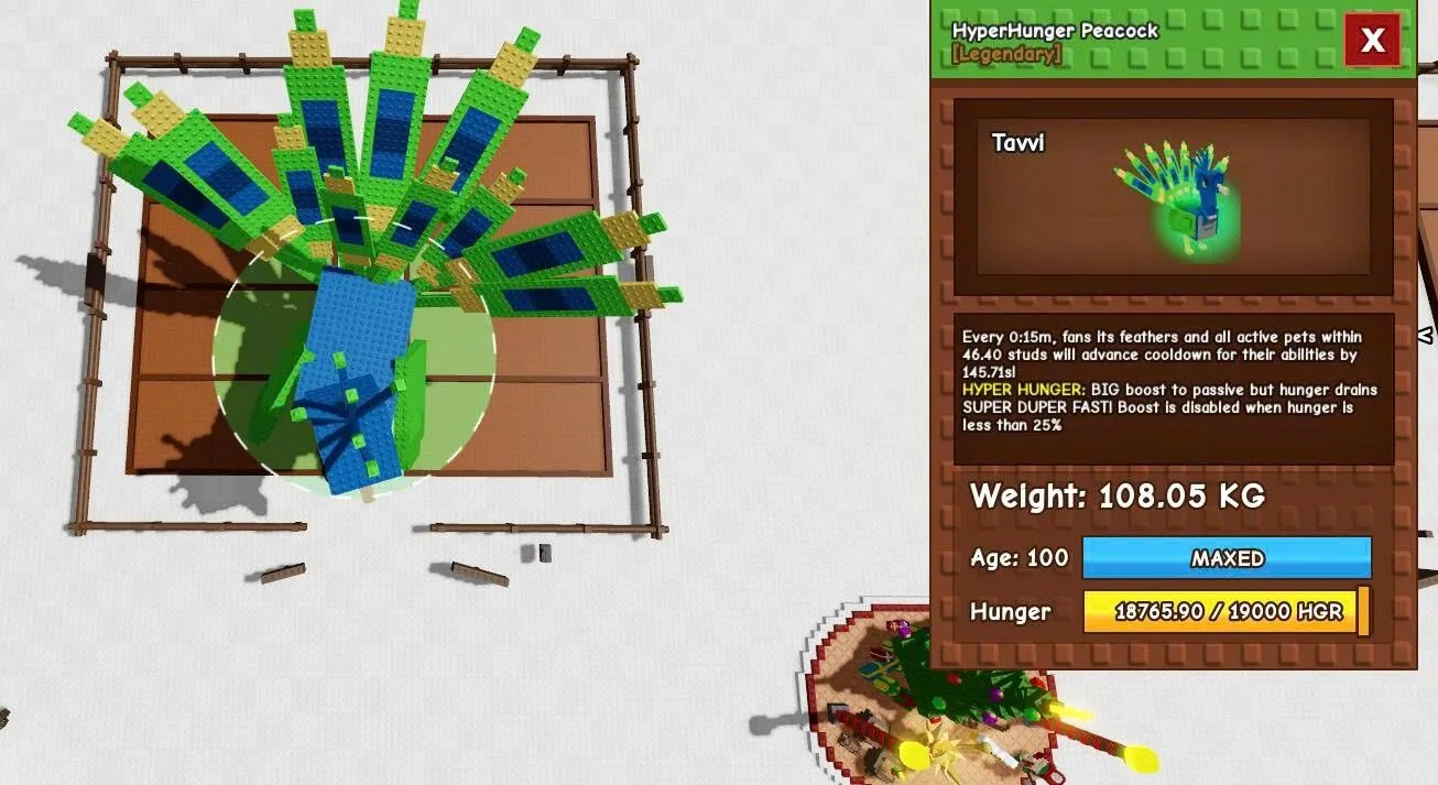 Pets - Legendary - HyperHunger Peacock Godly No Toy 0:15m CoolDown 108,05KG / Age 100