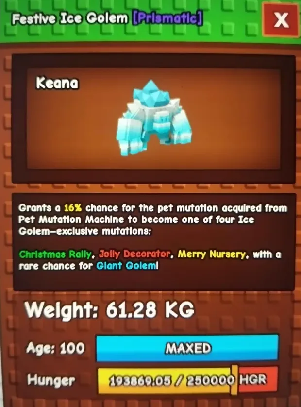 60Kg FESTIVE ICE GOLEM SUPER OVERPOWERED OP META PET INSANE POWER MUST-HAVE MAX AGE
