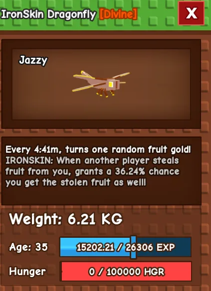 GaG Ironskin Dragonfly (divine) Age 35 / 6.21 KG Fast Delivery Trusted Seller Grow a Garden Cheapest Price !