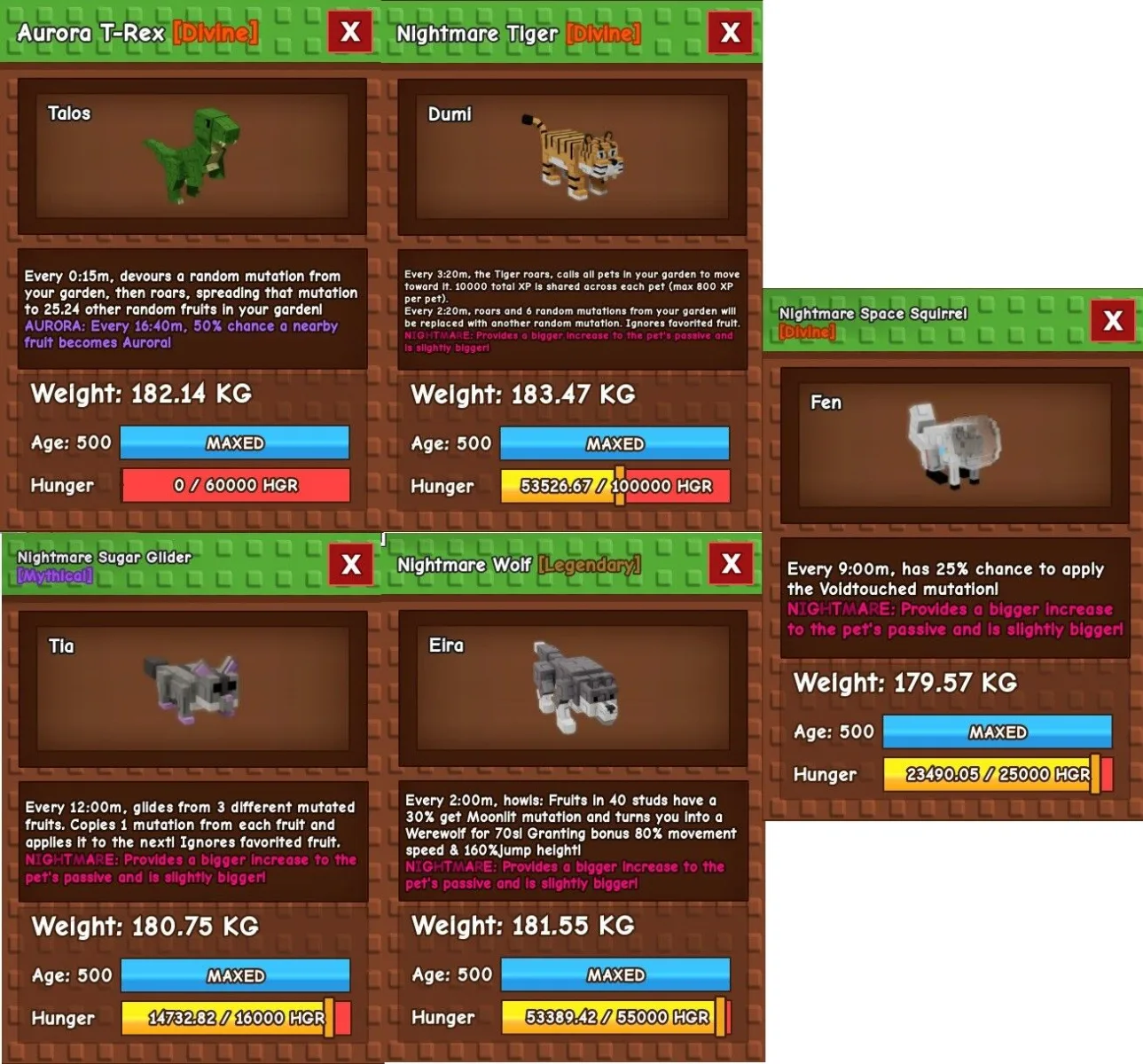 MUTATION Method Pet PACKAGE 5x Pets Aurora T-Rex, Tiger, Wolf, Sugar Glider, Space Squirrel All Age 500 All Around 180kg Huge Titanic Godly - GP (L6