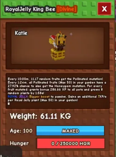 60KG+ rOyalJelly King Bee super handsome and cute ( 60kg+ at level 100, can go to 280kg+ at level 500 max)