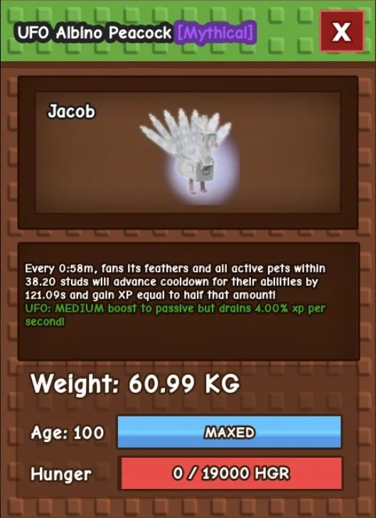 Albino Peacock Weight 60-61KG Age 100 Super Rare DLC Pet — Account account