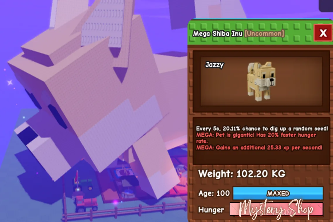 LIMITED Titanic Mega Shiba Age:100 102.20 KG 5s Ability Cooldown OP seed digger FREE 10SX Sheckles Non - Duped Fast and Clean!