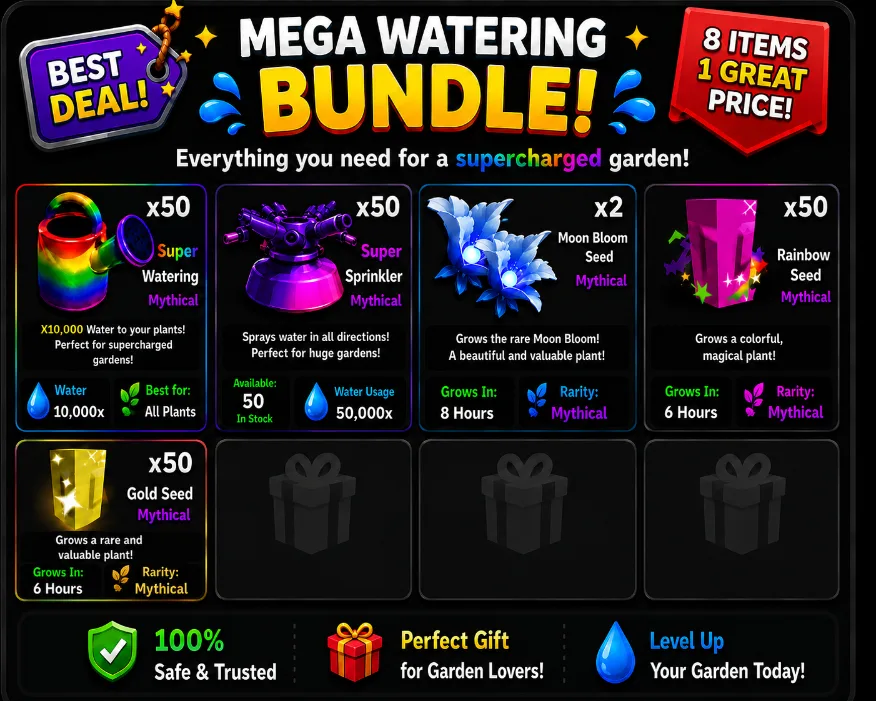Bundle Includes: 50x Super Watering 50x Super Sprinkler 2x Moon Bloom Seed 50x Rainbow Seed 50x Gold Seed — Account account