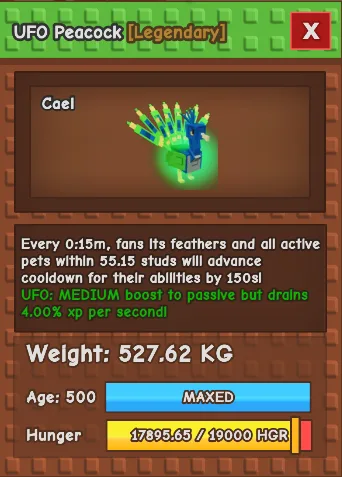 15s COLOSSAL UFO Peacock - 55 stud effect, 150s cooldown - 527kg/AGE 500