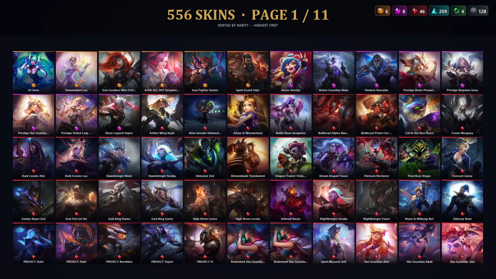 [LoL] | NA | Level 500 | 173 Champions | 556 Skins | 168,711 BE