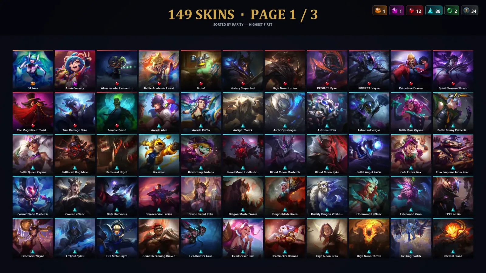 [LoL] | TR | Level 485 | Diamond II | 172 Champions | 149 Skins | 161,928 BE — LoL account