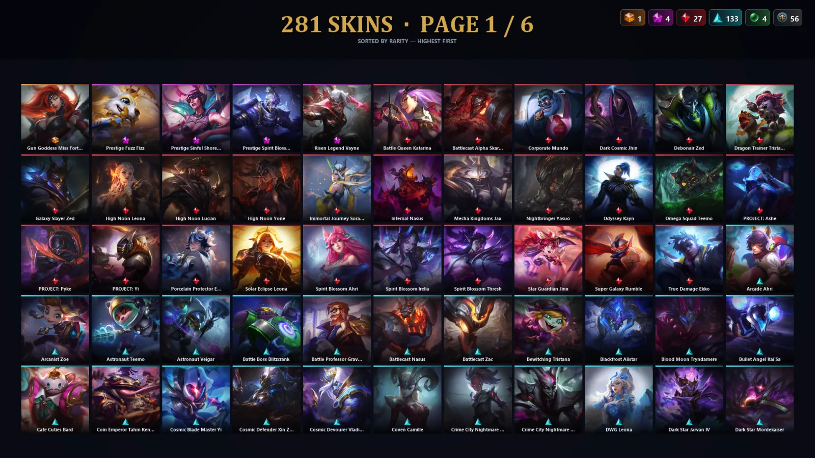 [LoL] | TR | Level 373 | Platinum IV | 173 Champions | 281 Skins | 156,555 BE