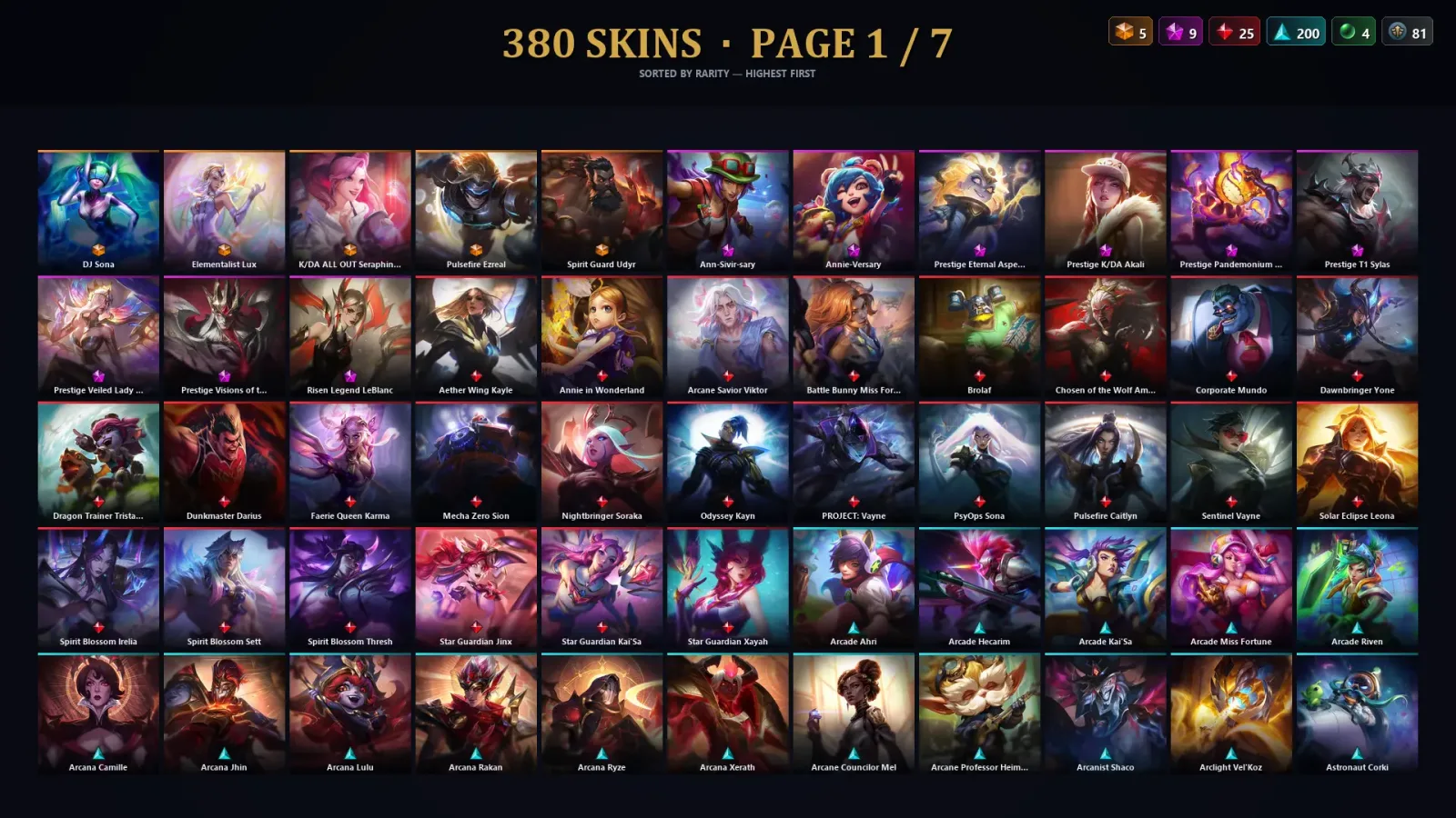 [LoL] | NA | Level 500 | 172 Champions | 380 Skins | 152,534 BE