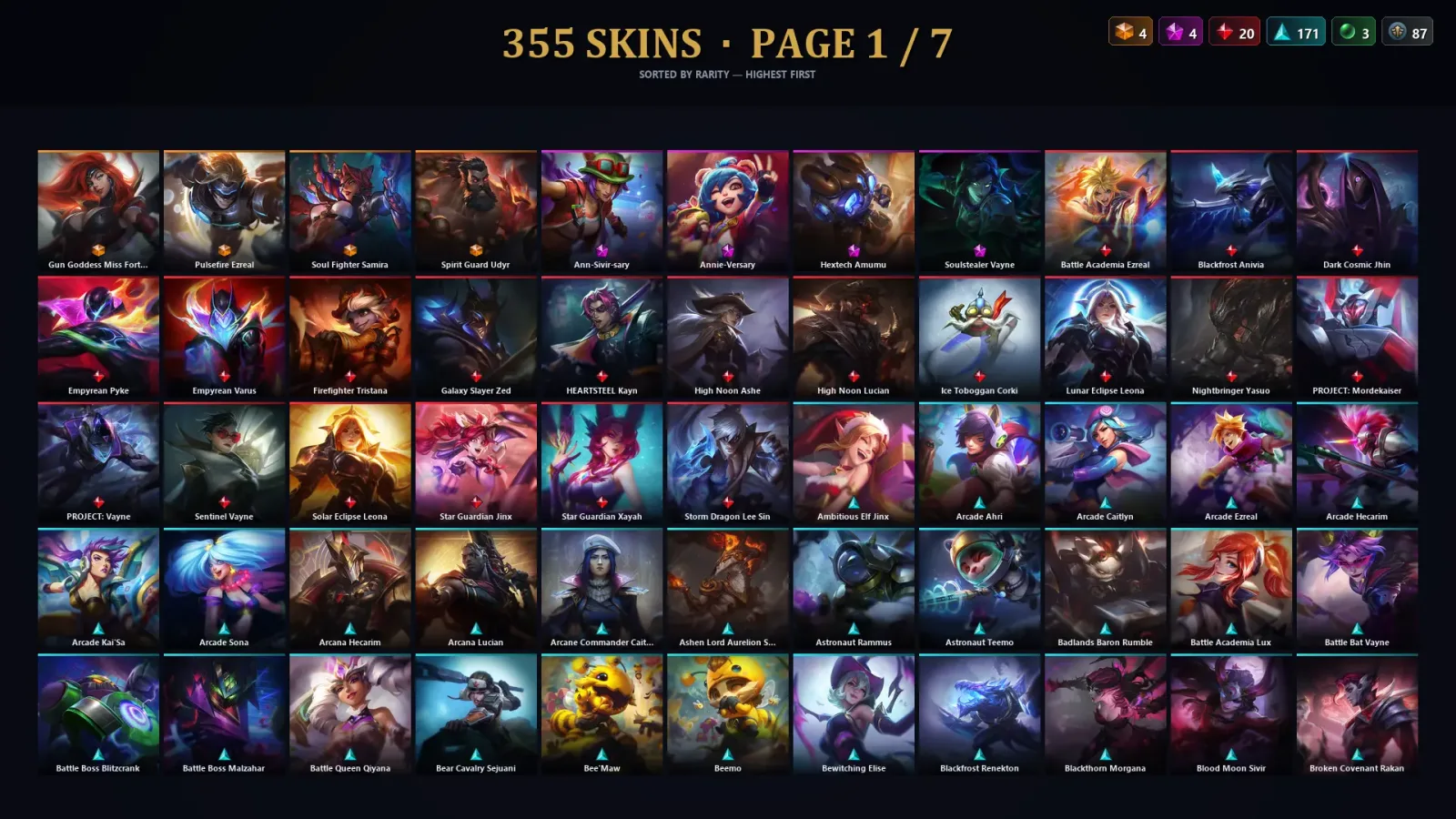 [LoL] | NA | Level 500 | 171 Champions | 355 Skins | 47,740 BE — LoL account