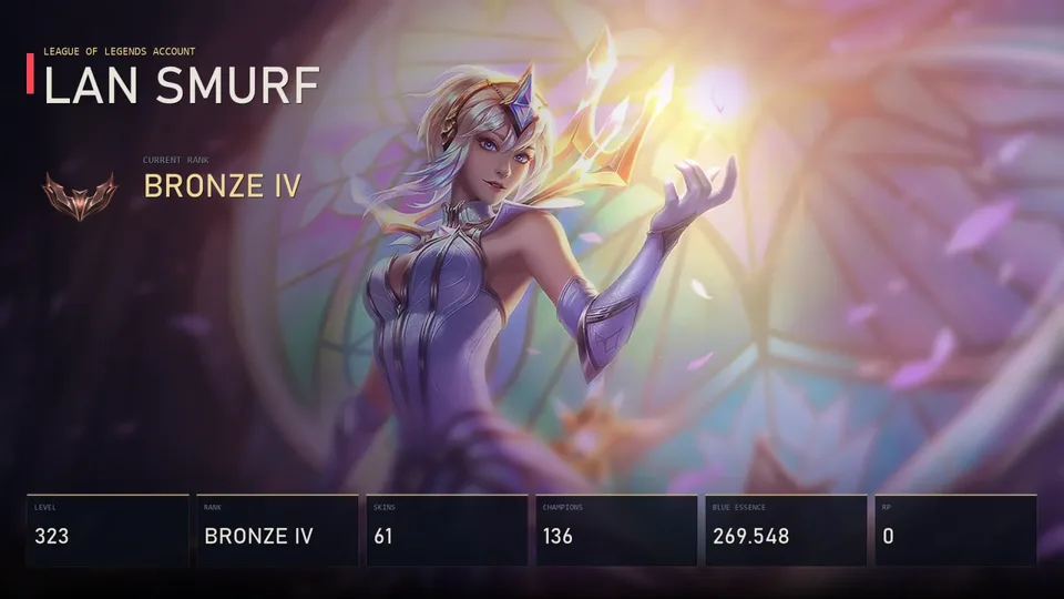 LAN | Elementalist Lux | Battle Bunny Miss Fortune | PsyOps Sona | Little Devil Teemo | Bewitching Tristana | Bronze IV | 61 Skin | 136 Champion — main preview