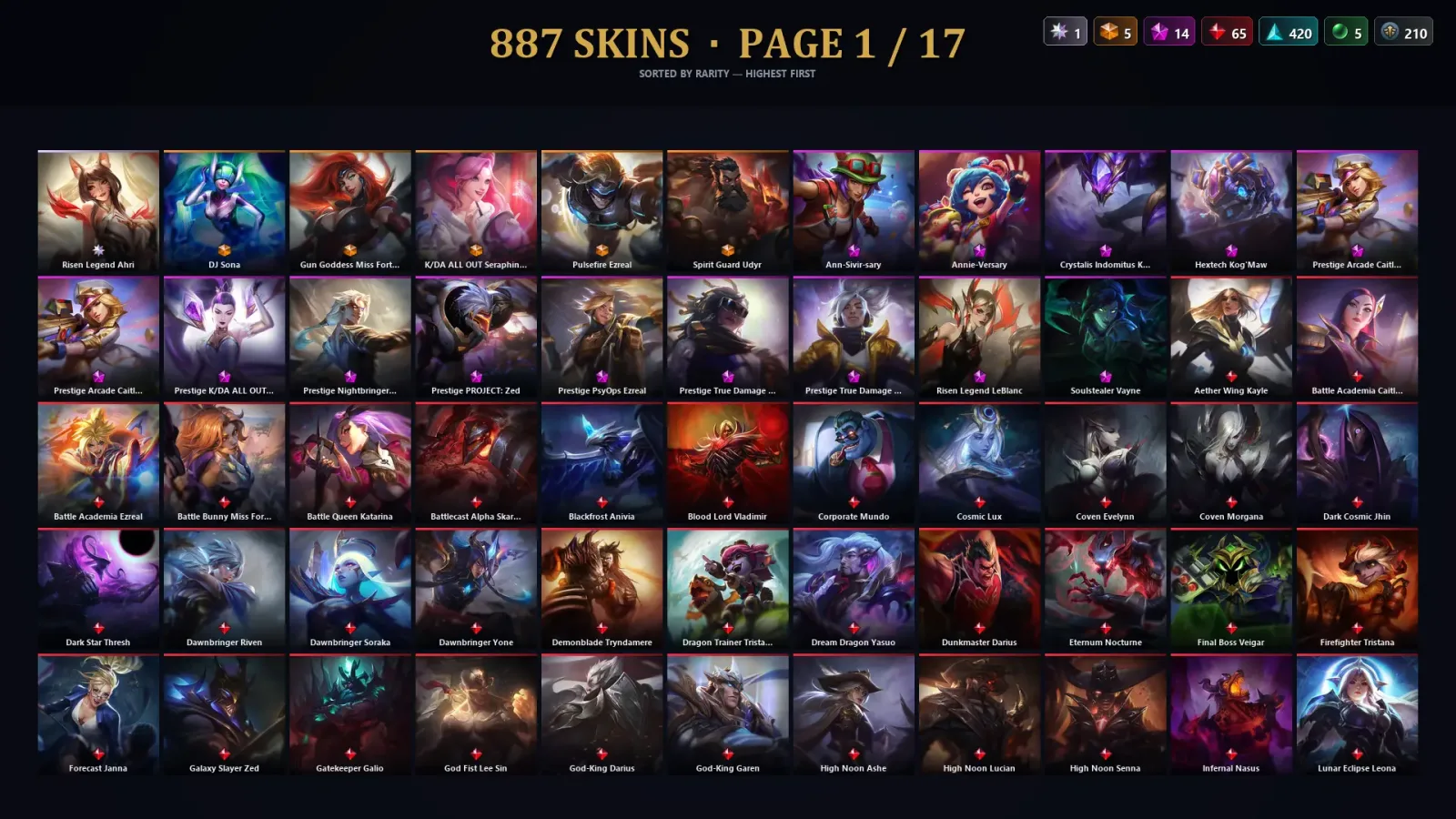 [LoL] | NA | Level 500 | 169 Champions | 887 Skins — LoL account