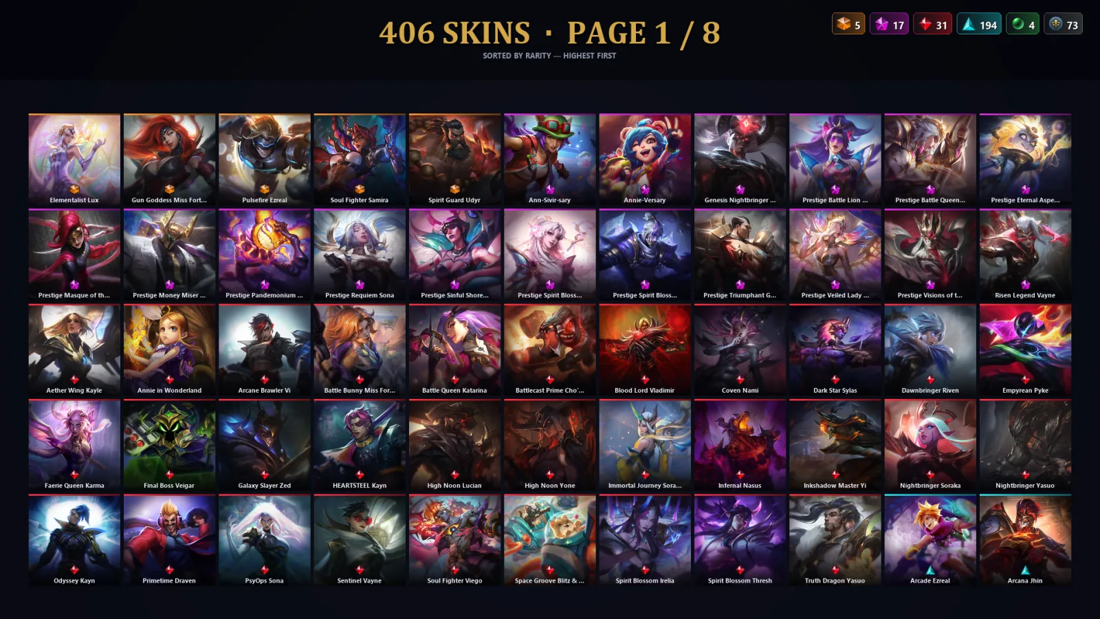 [LoL] | EUW | Level 500 | Gold IV | 173 Champions | 406 Skins | 47,594 BE