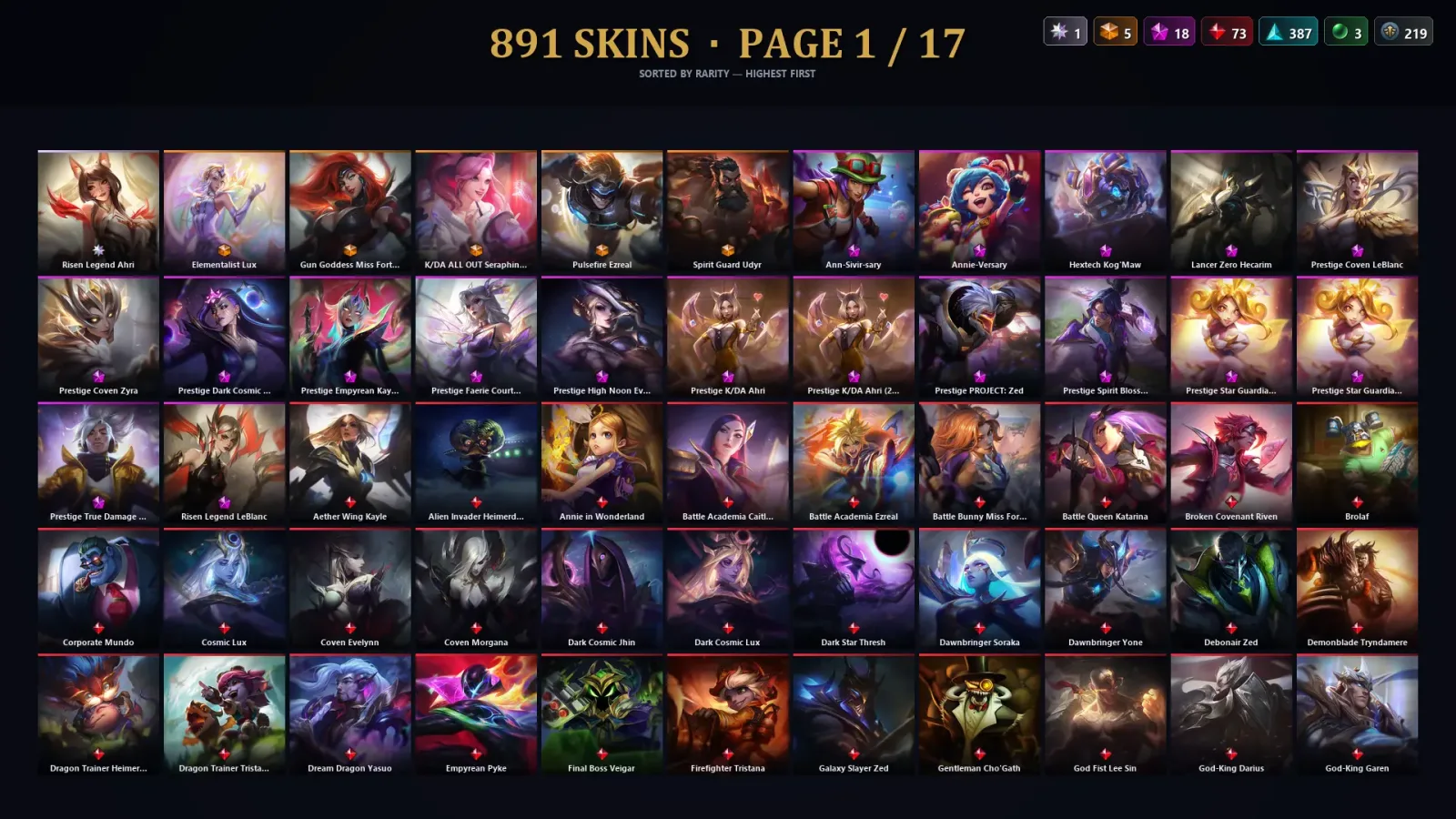 [LoL] | EUW | Level 500 | 169 Champions | 891 Skins | 33,074 BE — LoL account