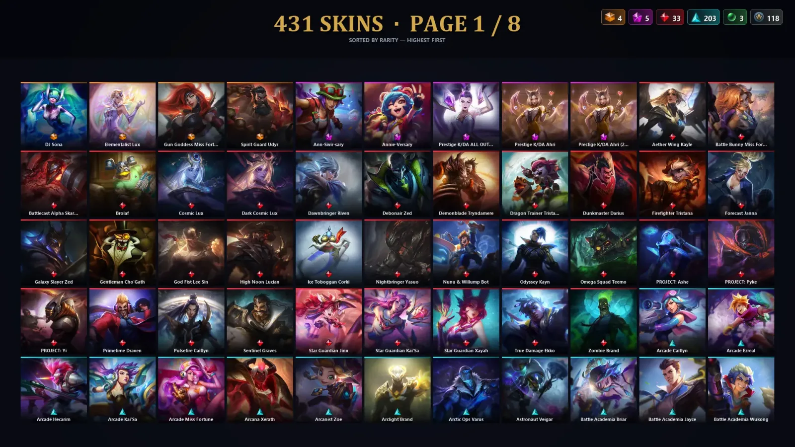 [LoL] | EUW | Level 500 | 172 Champions | 431 Skins | 108,973 BE — LoL account