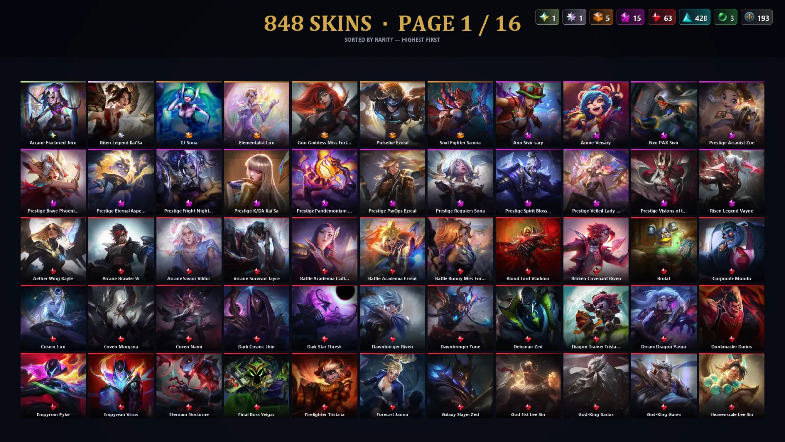 [LoL] | TR | Level 500 | Diamond III | 173 Champions | 848 Skins | 50,632 BE