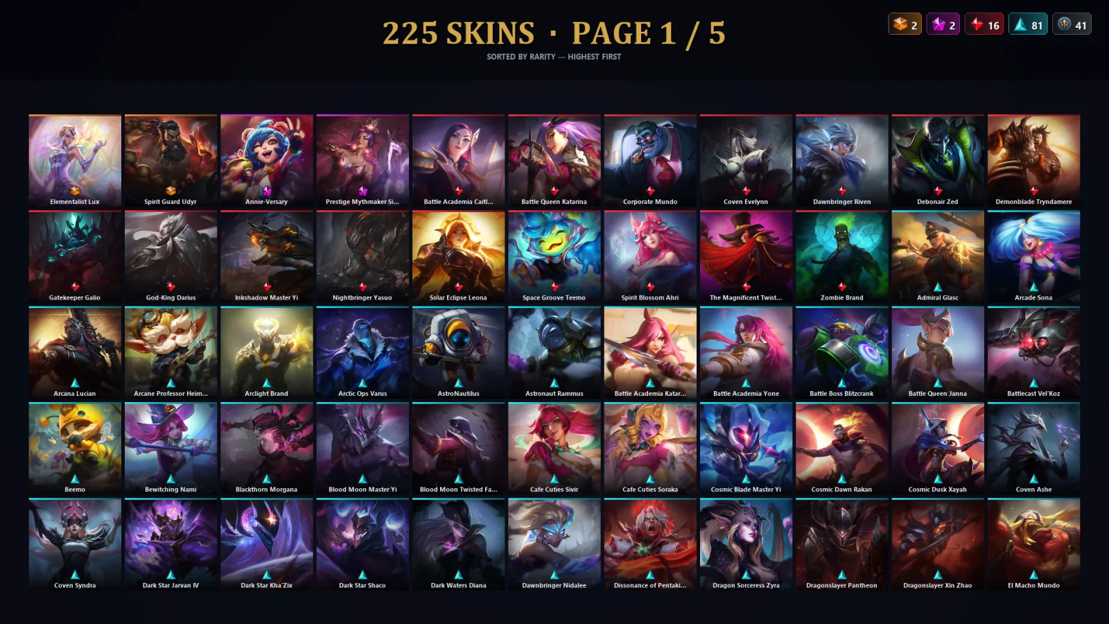 [LoL] | NA | Level 500 | 173 Champions | 193 Skins | 143,781 BE