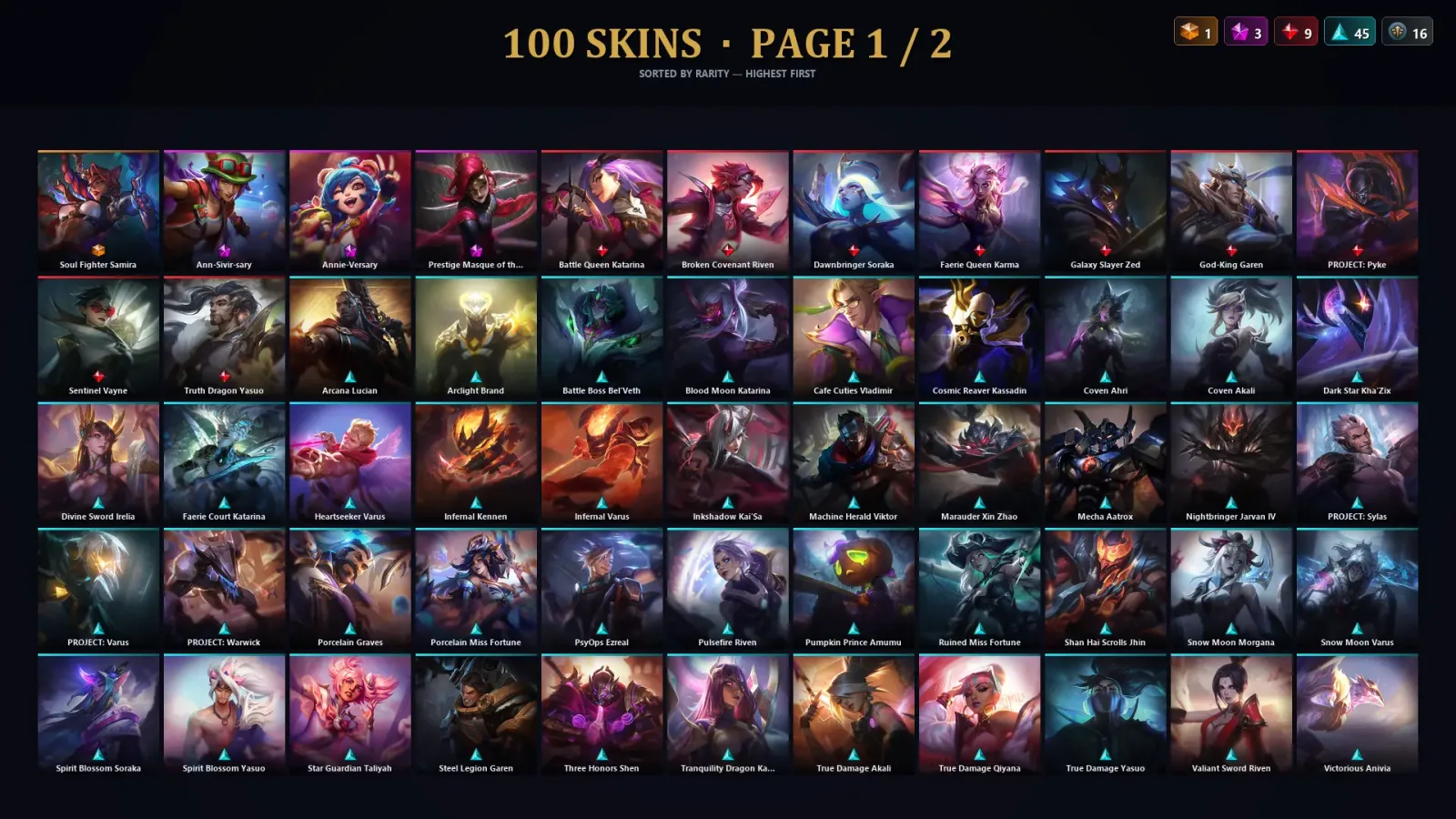 [LoL] | EUW | Level 289 | Platinum II | 150 Champions | 100 Skins | 82,964 BE