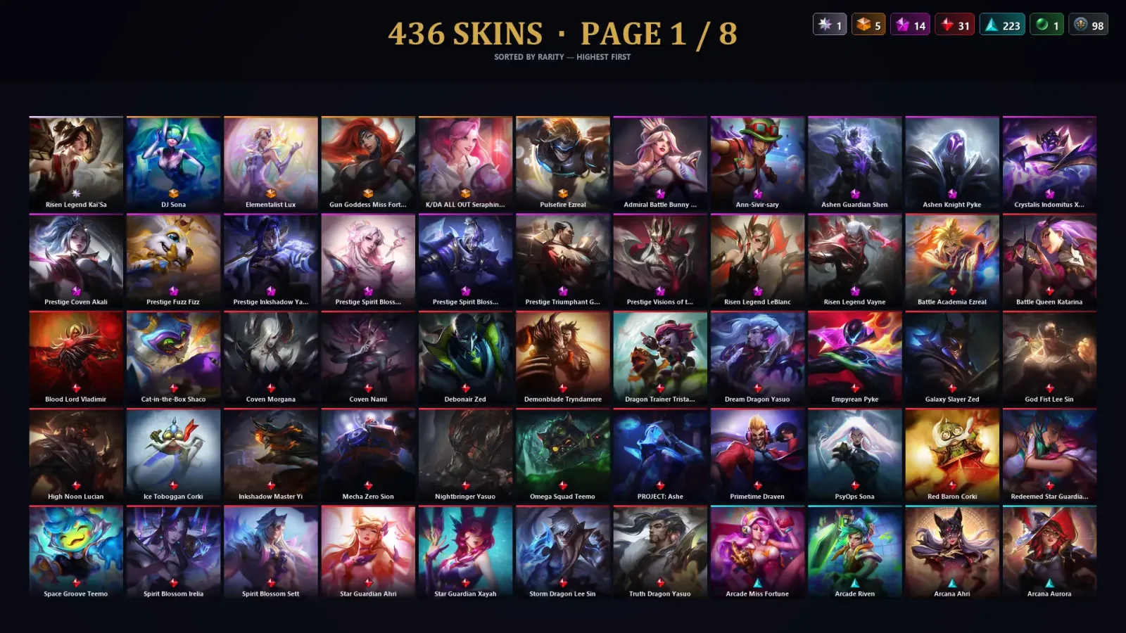 [LoL] | NA | Level 500 | 172 Champions | 436 Skins | 15,601 BE — LoL account