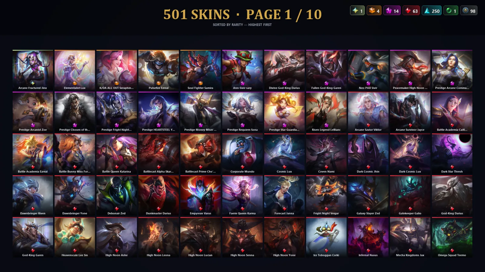 [LoL] | NA | Level 169 | 157 Champions | 501 Skins
