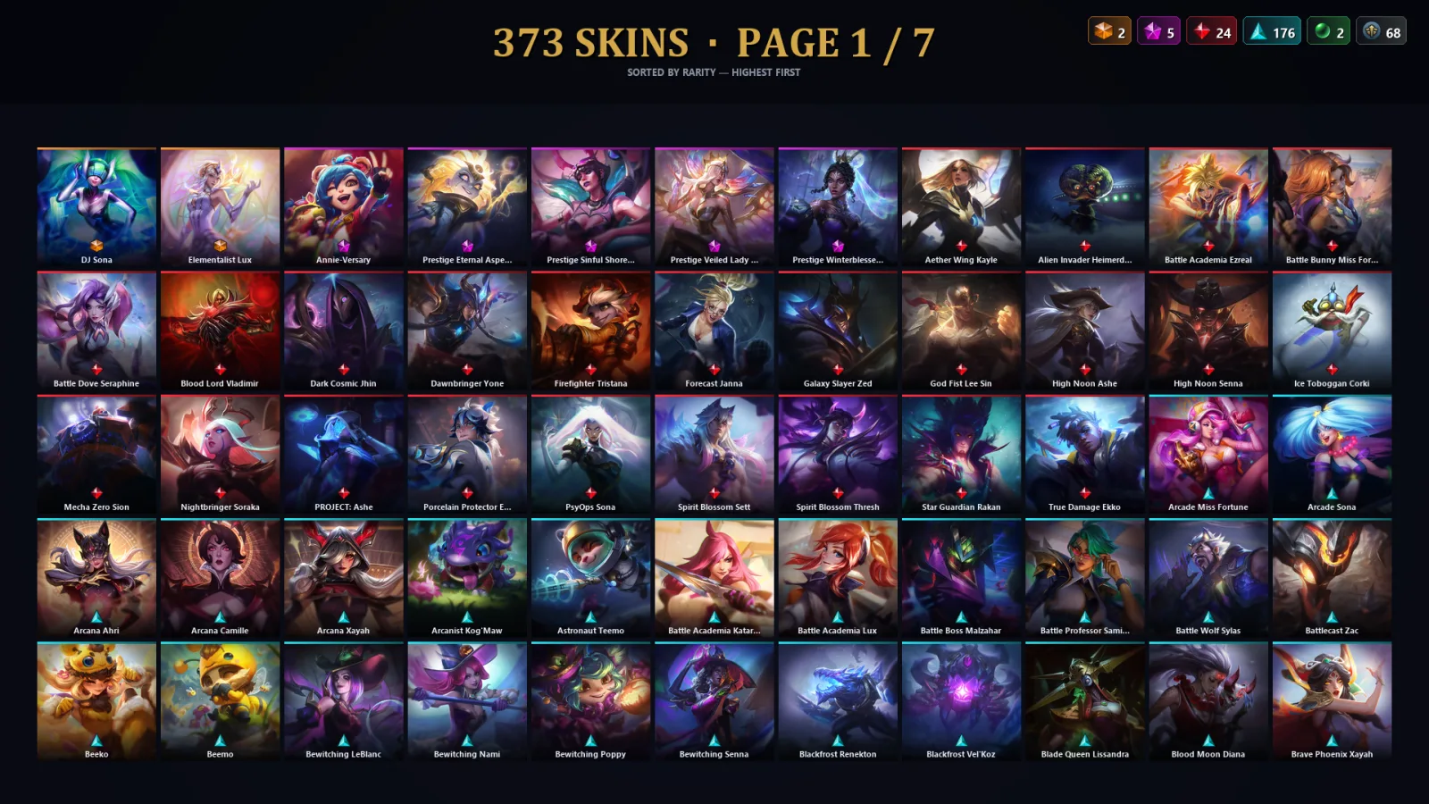 [LoL] | NA | Level 500 | 173 Champions | 341 Skins | 111,434 BE
