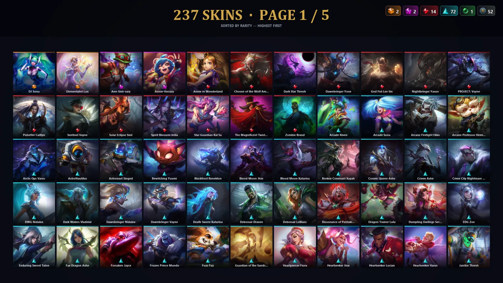 [LoL] | NA | Level 407 | 173 Champions | 205 Skins | 237,698 BE