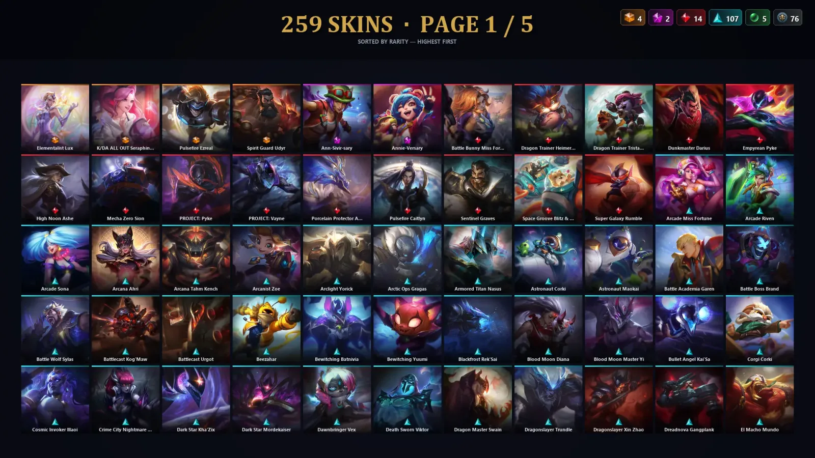[LoL] | NA | Level 457 | 173 Champions | 259 Skins | 300,383 BE