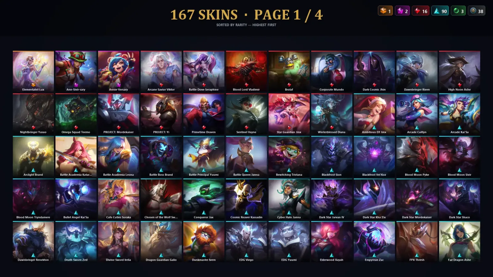 [LoL] | TR | Level 480 | Gold III | 173 Champions | 167 Skins | 115,269 BE