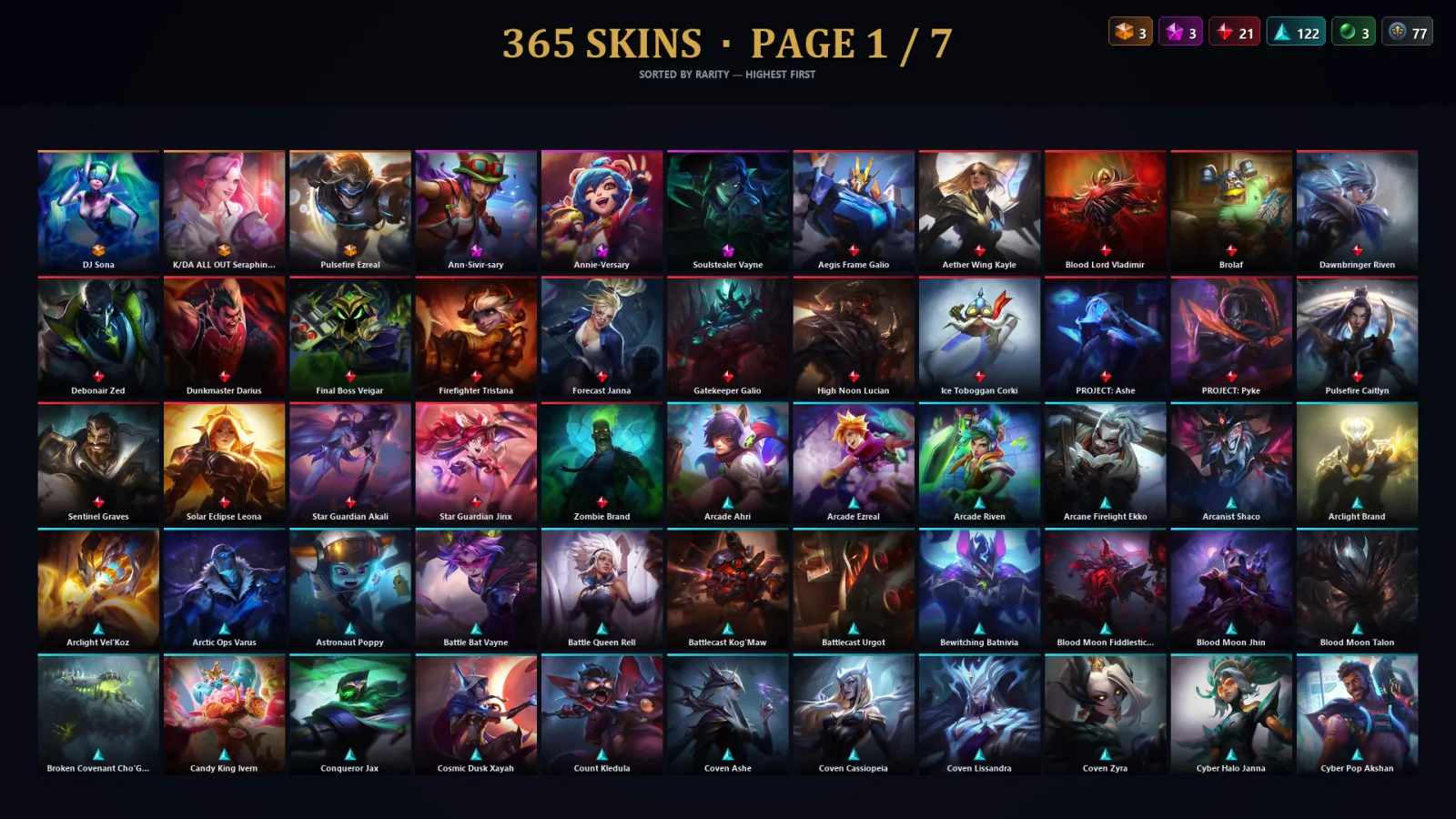 [LoL] | TR | Level 500 | Platinum III | 173 Champions | 365 Skins | 441,878 BE