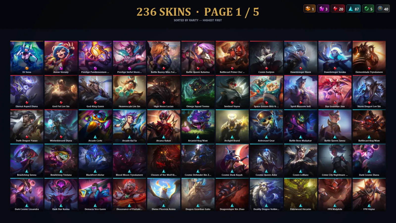 [LoL] | NA | Level 500 | 173 Champions | 236 Skins | 104,607 BE