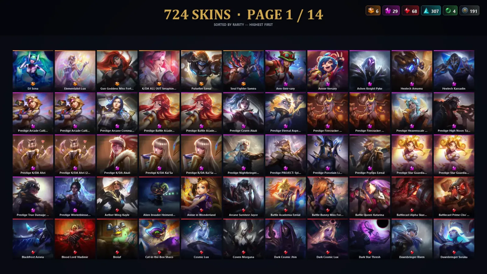 [LoL] | NA | Level 500 | 172 Champions | 724 Skins | 36,223 BE — LoL account