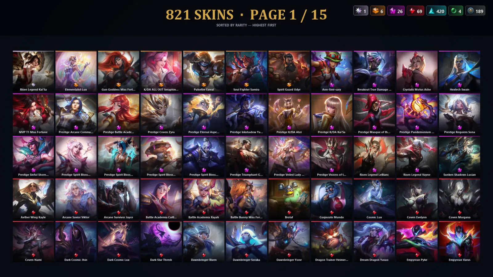 [LoL] | NA | Level 500 | 173 Champions | 821 Skins | 64,107 BE