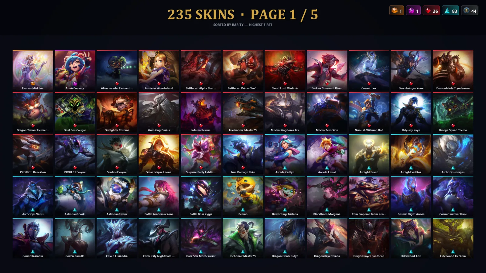 [LoL] | EUW | Level 454 | 173 Champions | 203 Skins | 44,967 BE — LoL account