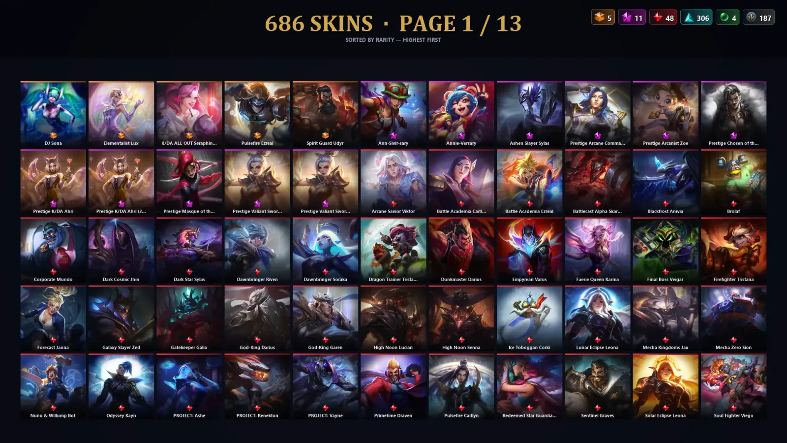 [LoL] | NA | Level 500 | 172 Champions | 686 Skins | 49,736 BE — LoL account
