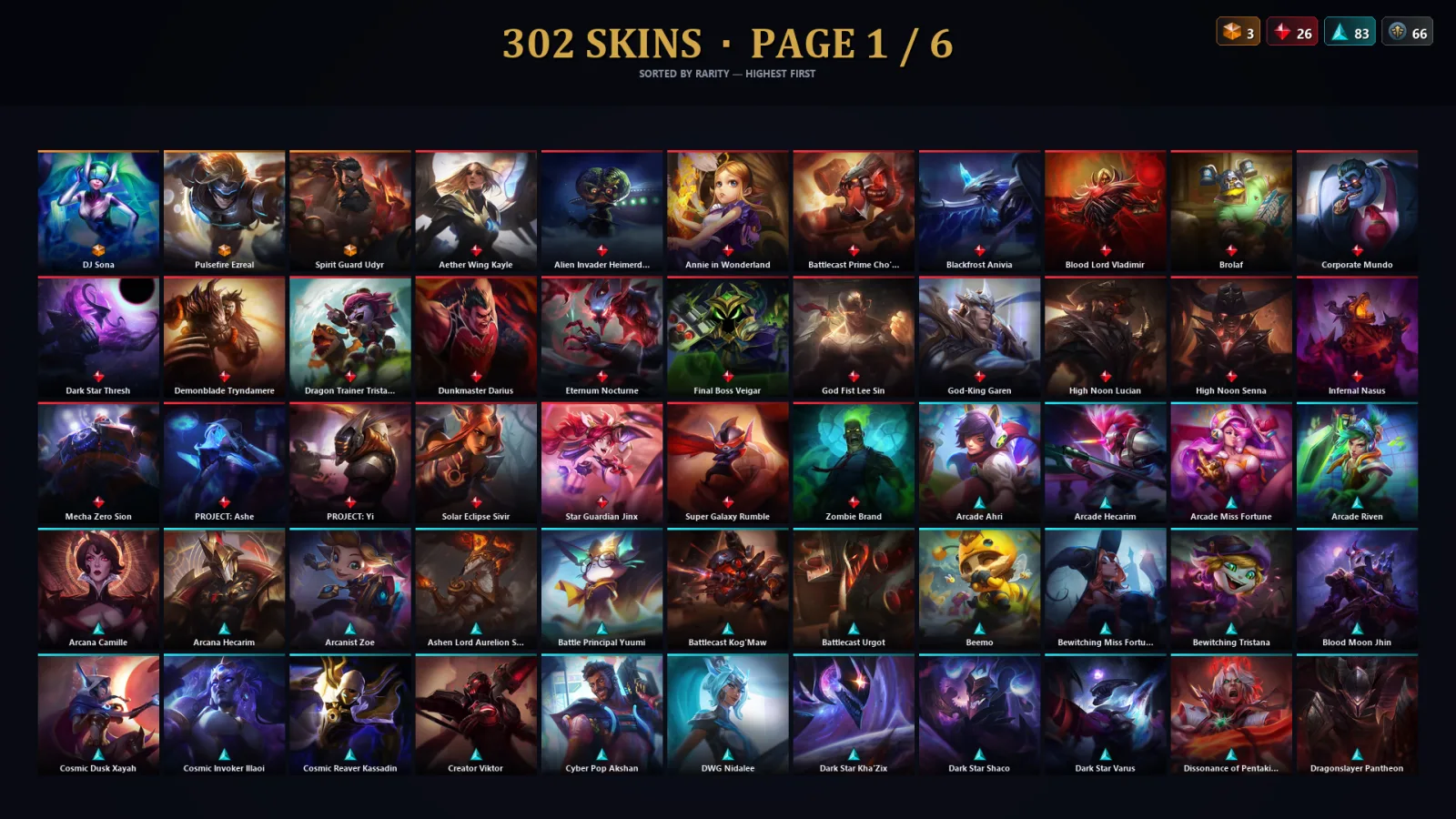 [LoL] | NA | Level 282 | 173 Champions | 302 Skins | 27,586 BE