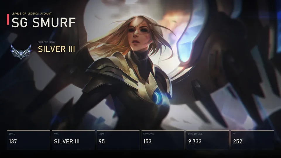 SG | Aether Wing Kayle | Nightbringer Soraka | High Noon Ashe | PROJECT: Vayne | Lunar Wraith Caitlyn | Silver III | 95 Skin | 153 Champion — main preview