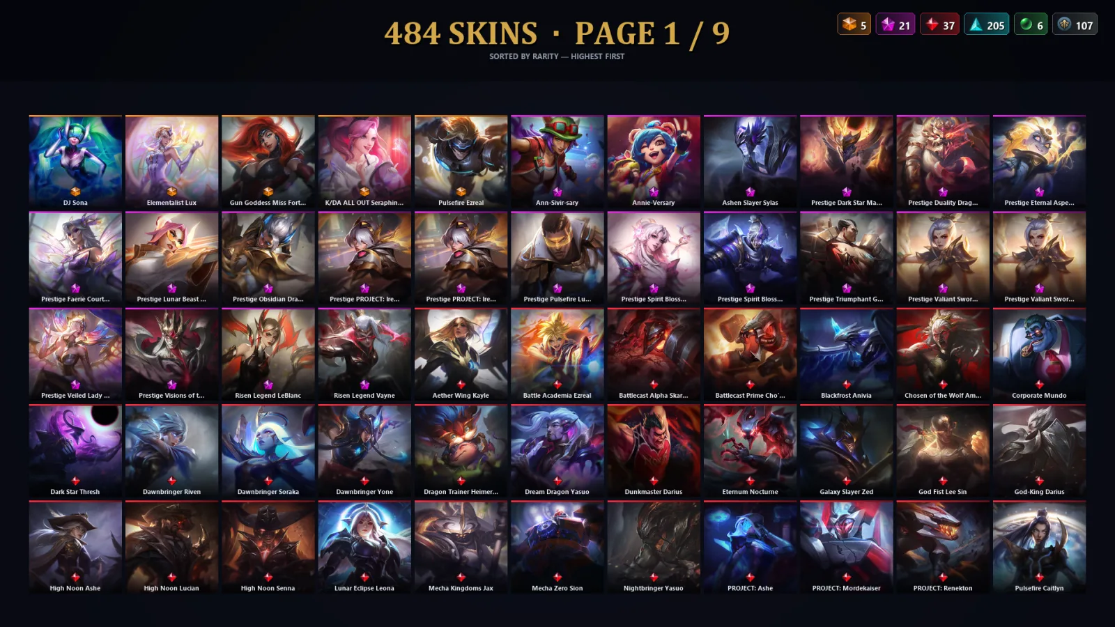 [LoL] | NA | Level 500 | 173 Champions | 484 Skins | 155,385 BE