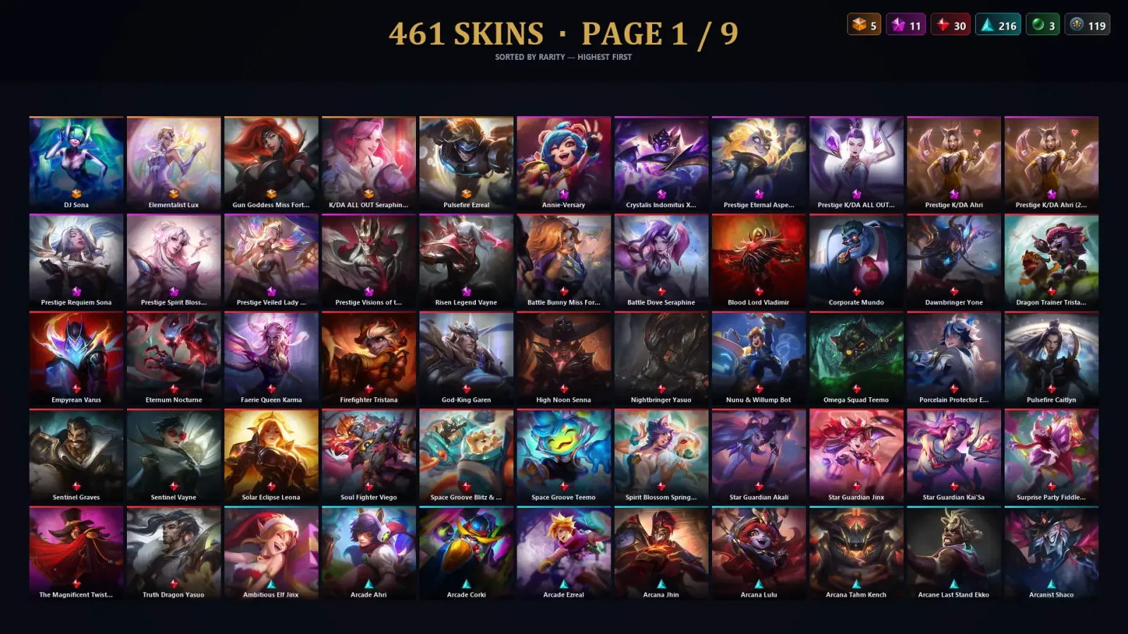 [LoL] | NA | Level 500 | 173 Champions | 461 Skins | 33,893 BE