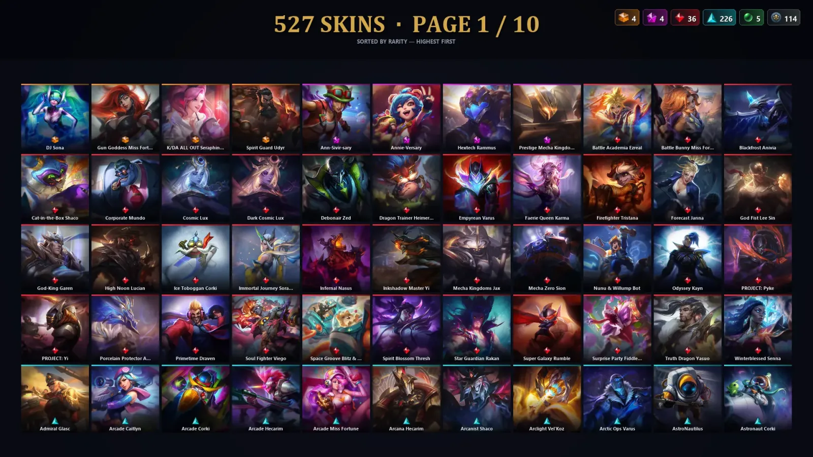 [LoL] | TR | Level 500 | Platinum I | 173 Champions | 527 Skins | 222,568 BE