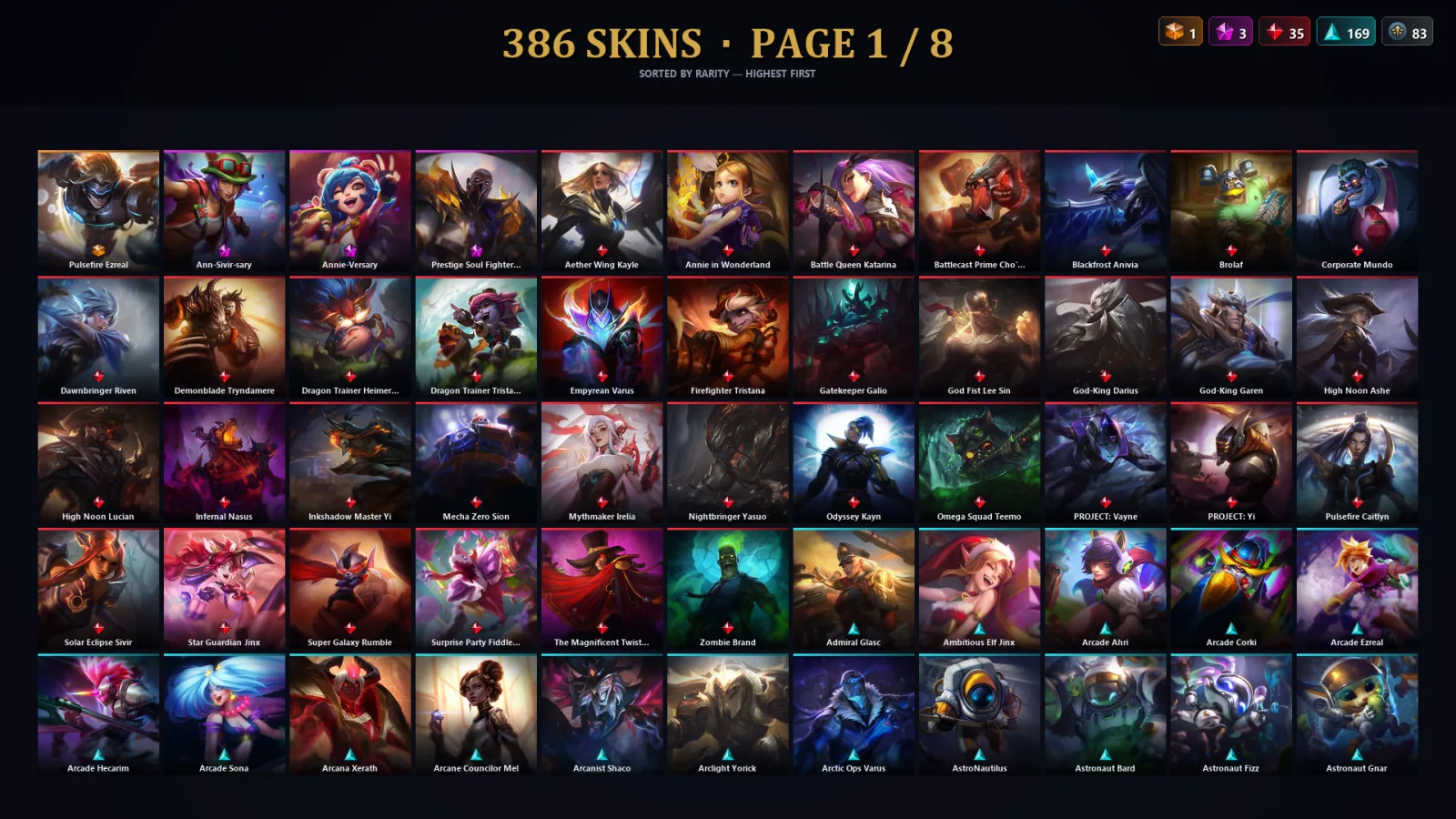 [LoL] | EUW | Level 500 | Diamond III | 173 Champions | 386 Skins | 32,585 BE