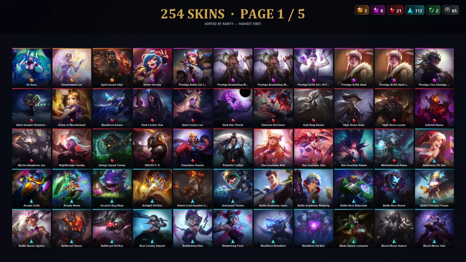[LoL] | TR | Level 500 | 173 Champions | 254 Skins | 217,412 BE