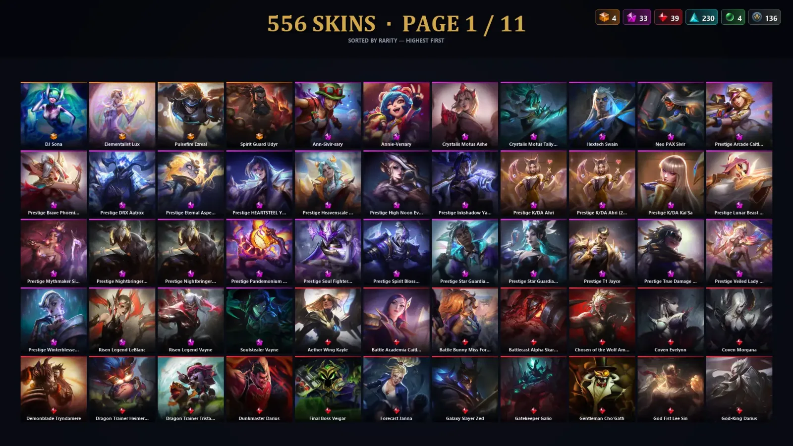 [LoL] | TR | Level 500 | 172 Champions | 556 Skins | 138,233 BE — LoL account