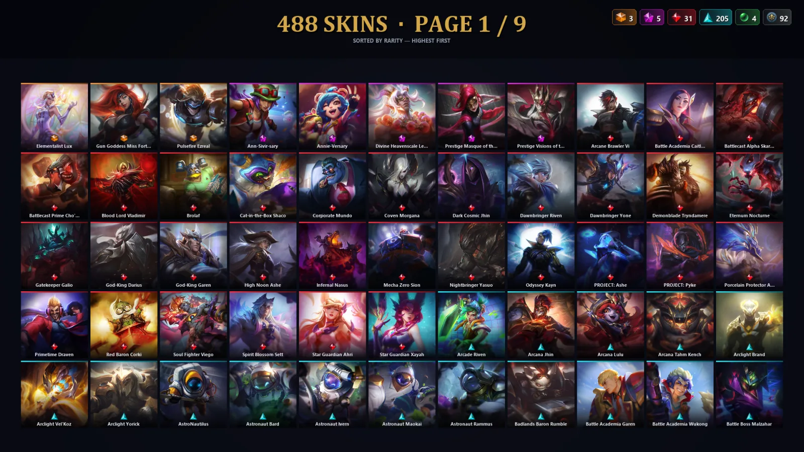 [LoL] | TR | Level 500 | Platinum IV | 173 Champions | 488 Skins | 193,615 BE