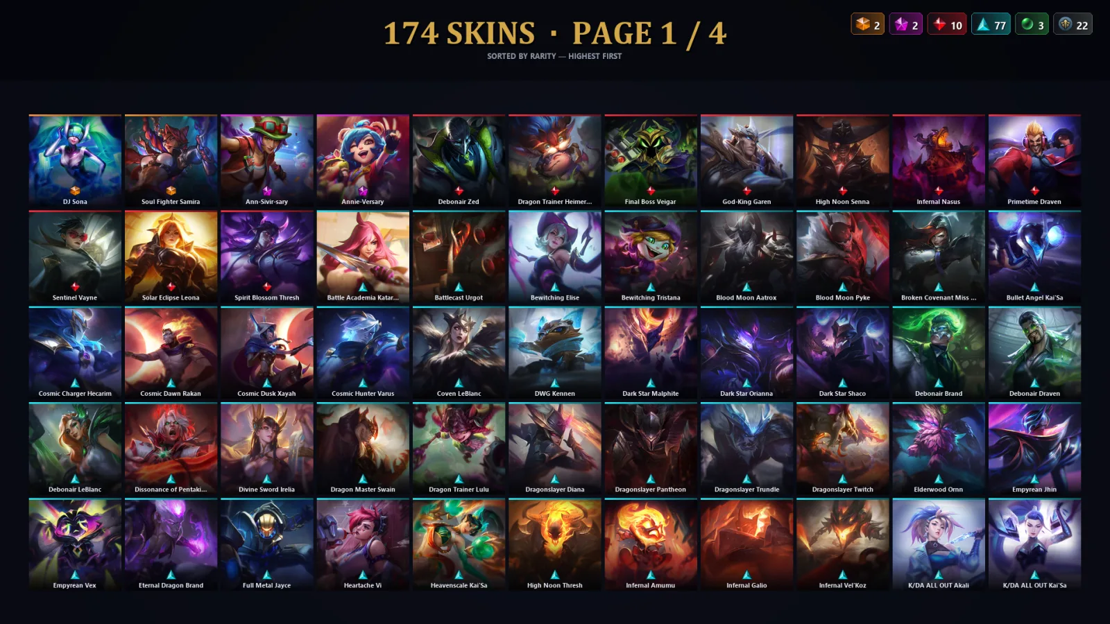 [LoL] | TR | Level 444 | Platinum II | 173 Champions | 142 Skins | 98,847 BE