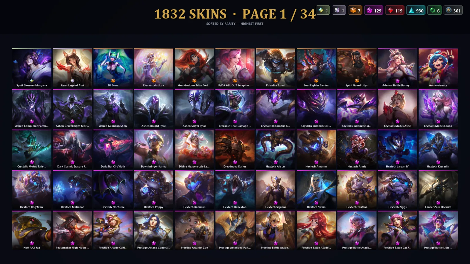 [LoL] | NA | Level 500 | 173 Champions | 1800 Skins | 107,640 BE